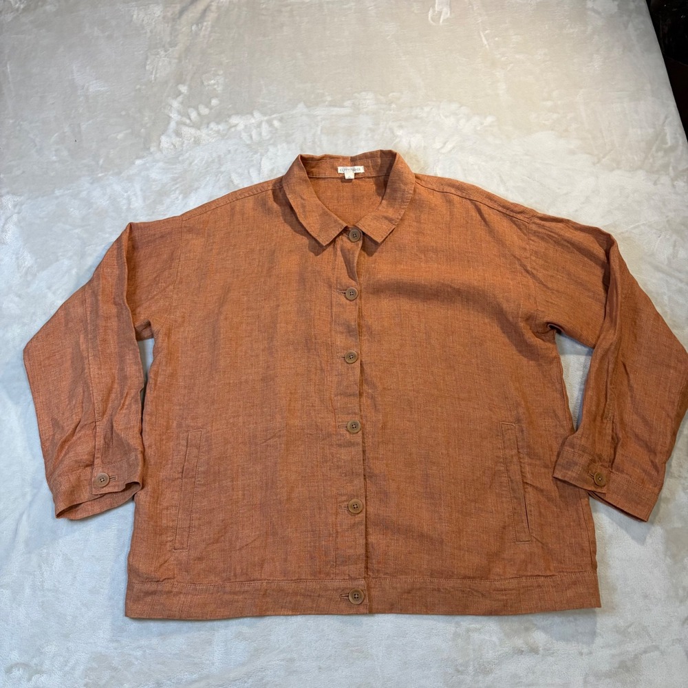 Eileen Fisher Womens Linen Button Down Shirt Jacket Terracotta Orange Large Fall